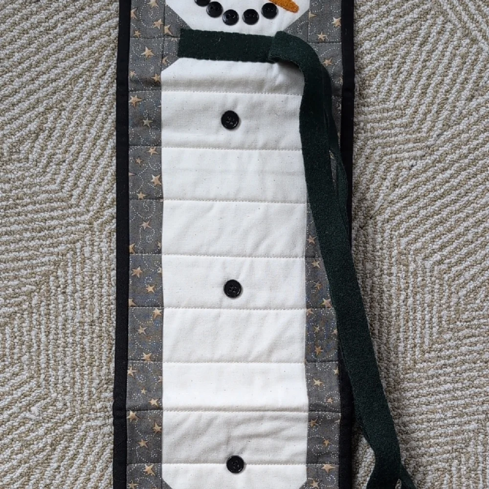 Handmade Quilted Winter Snowman Stars Table Runner Wall Hanging Gray Gold Black